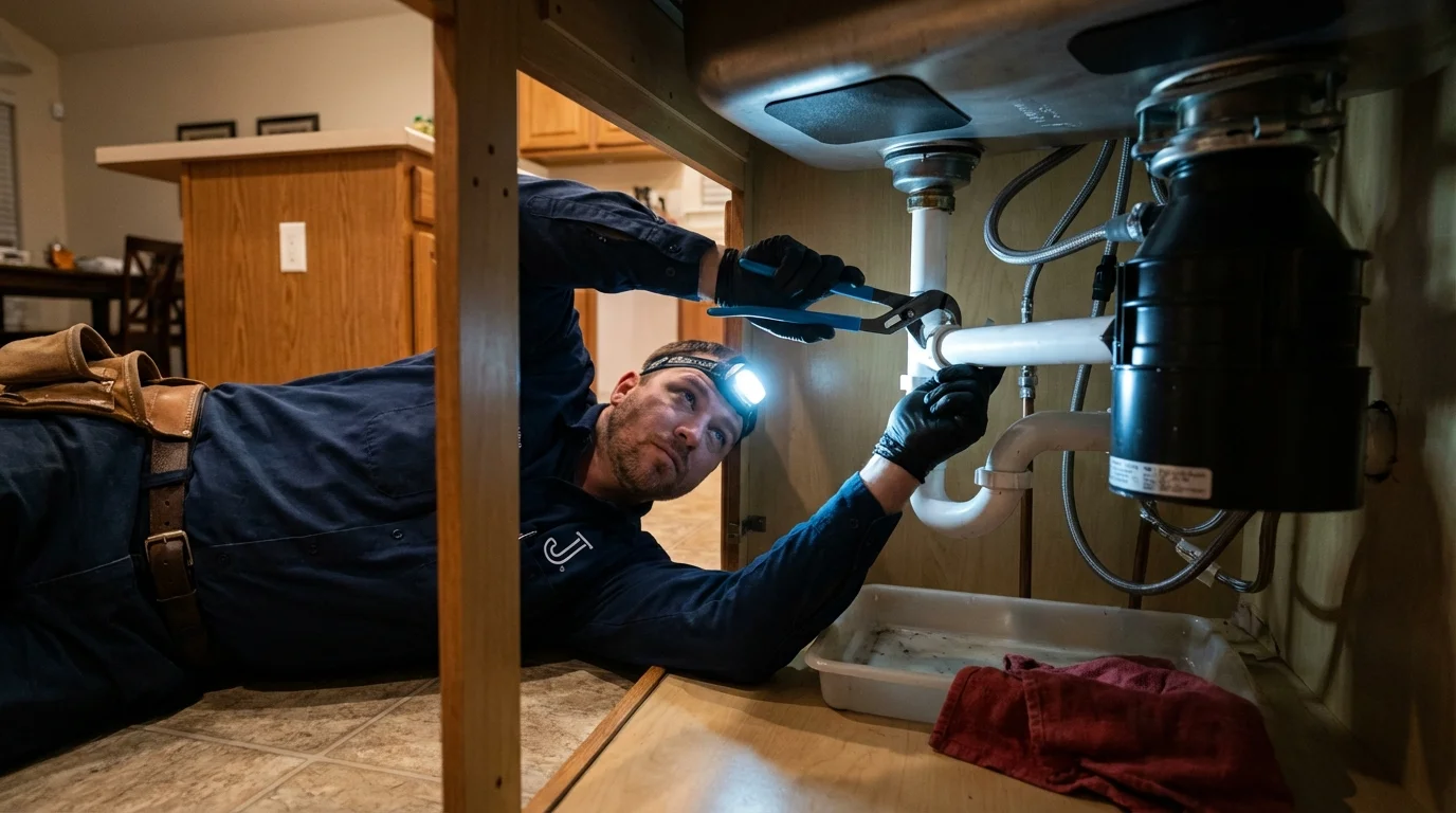 P-trap and supply line connections under a kitchen sink showing a common leak point in Lawton, MI